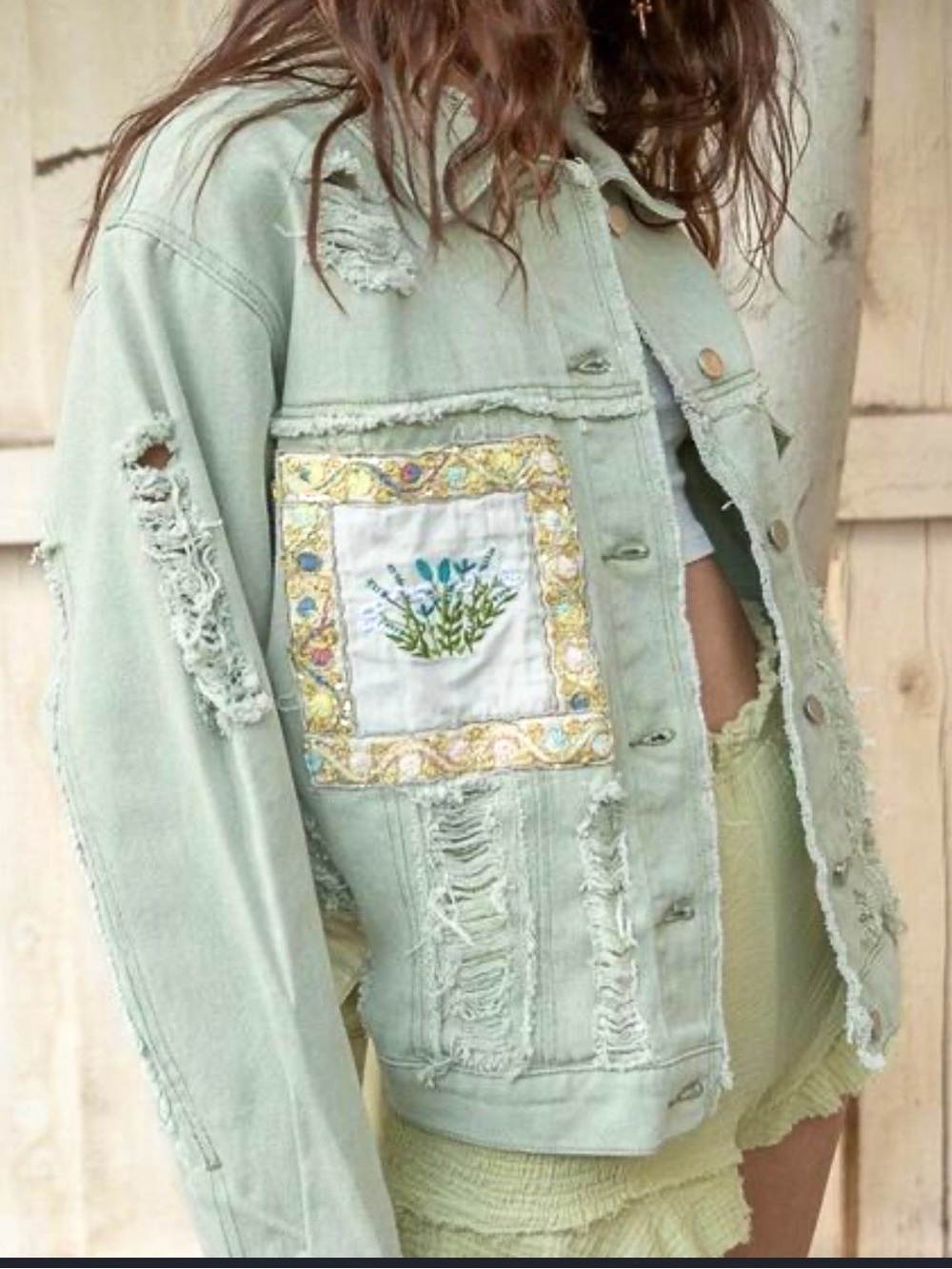 POL Faded Army Green Distressed Denim Jacket with Embroidered Patchwork